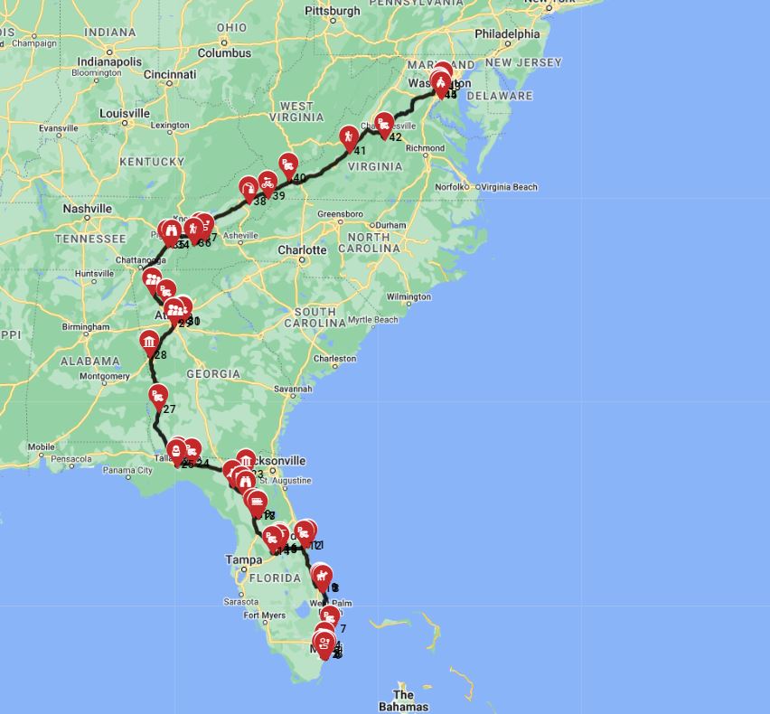 RV trip wizard for planning route from Miami to Washington DC